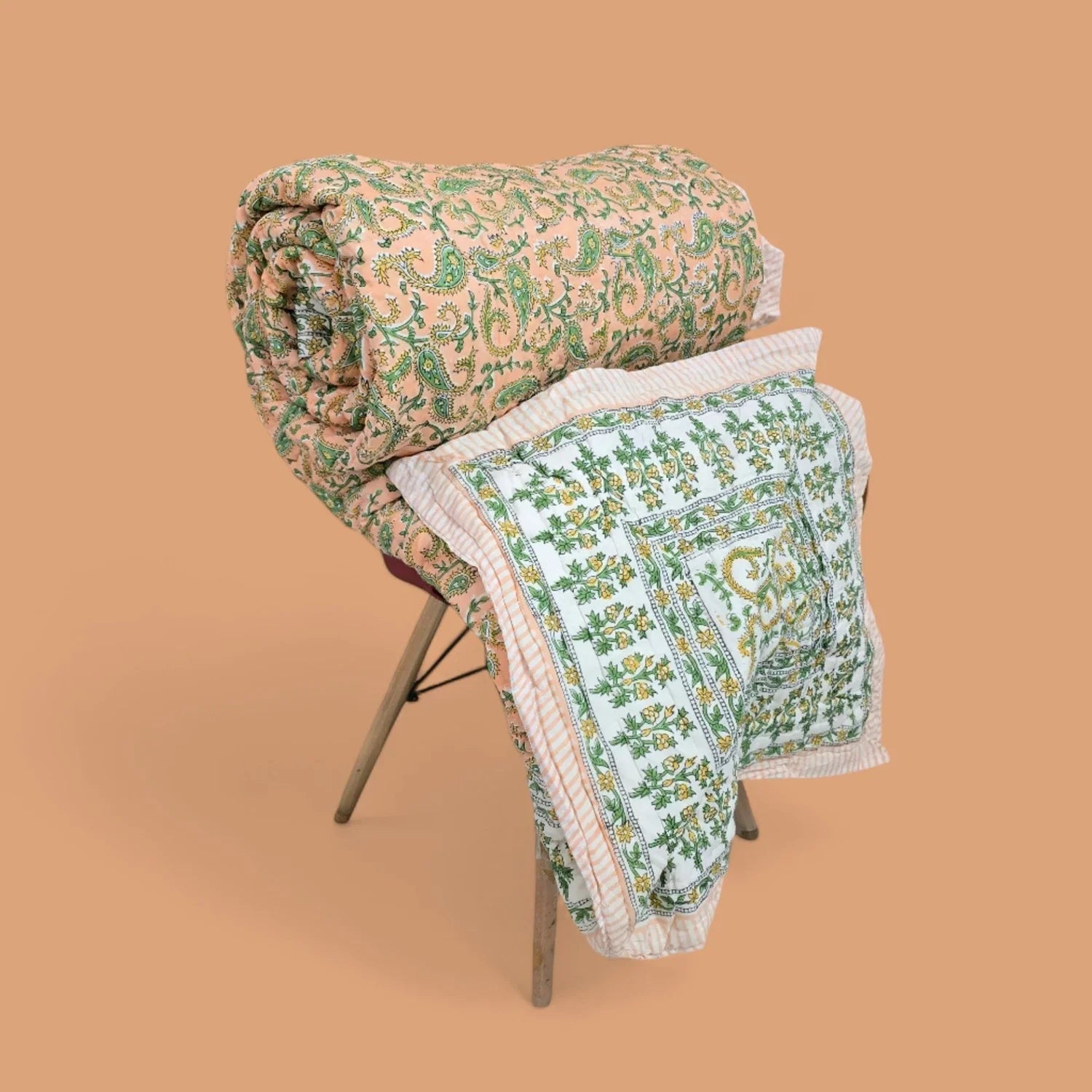 Hand Block Printed  Jaipuri Cotton All season AC Quilt - Peach Buta (90X108 Inches)