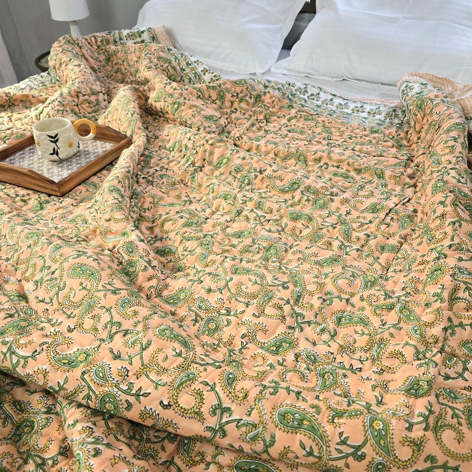 Hand Block Printed  Jaipuri Cotton All season AC Quilt - Peach Buta (90X108 Inches)