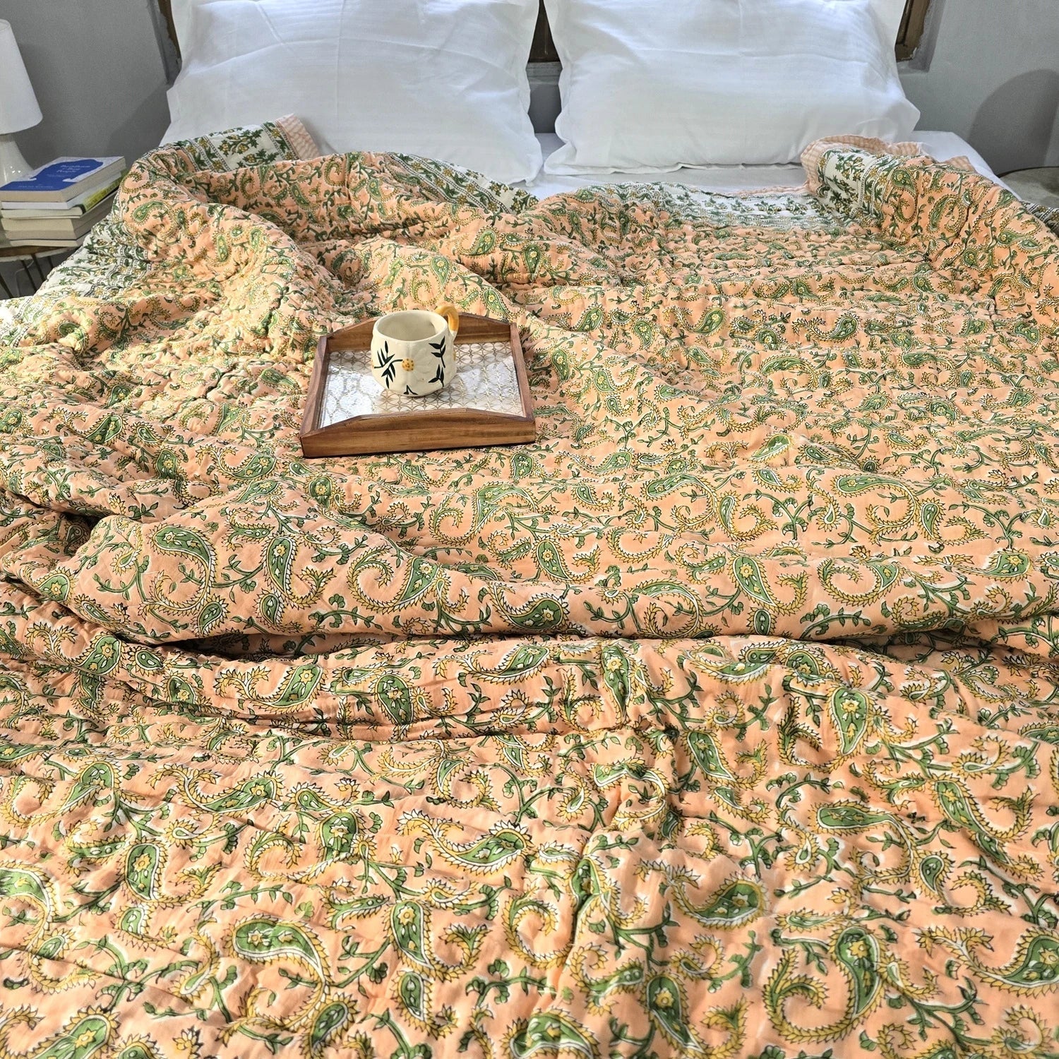 Hand Block Printed  Jaipuri Cotton All season AC Quilt - Peach Buta (90X108 Inches)