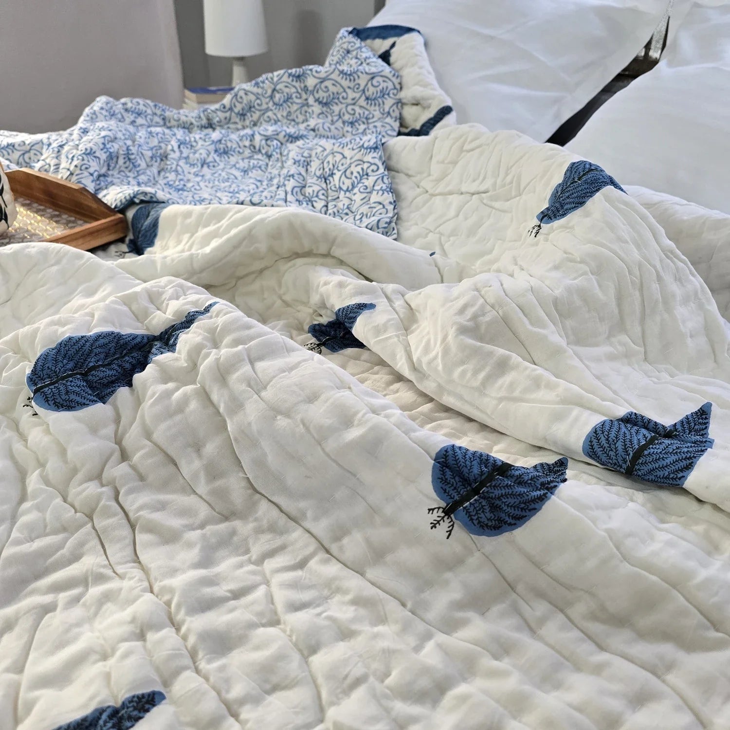 Hand Block Printed  Jaipuri Cotton All season AC Quilt - Neel Patta Motif (90X108 Inches)