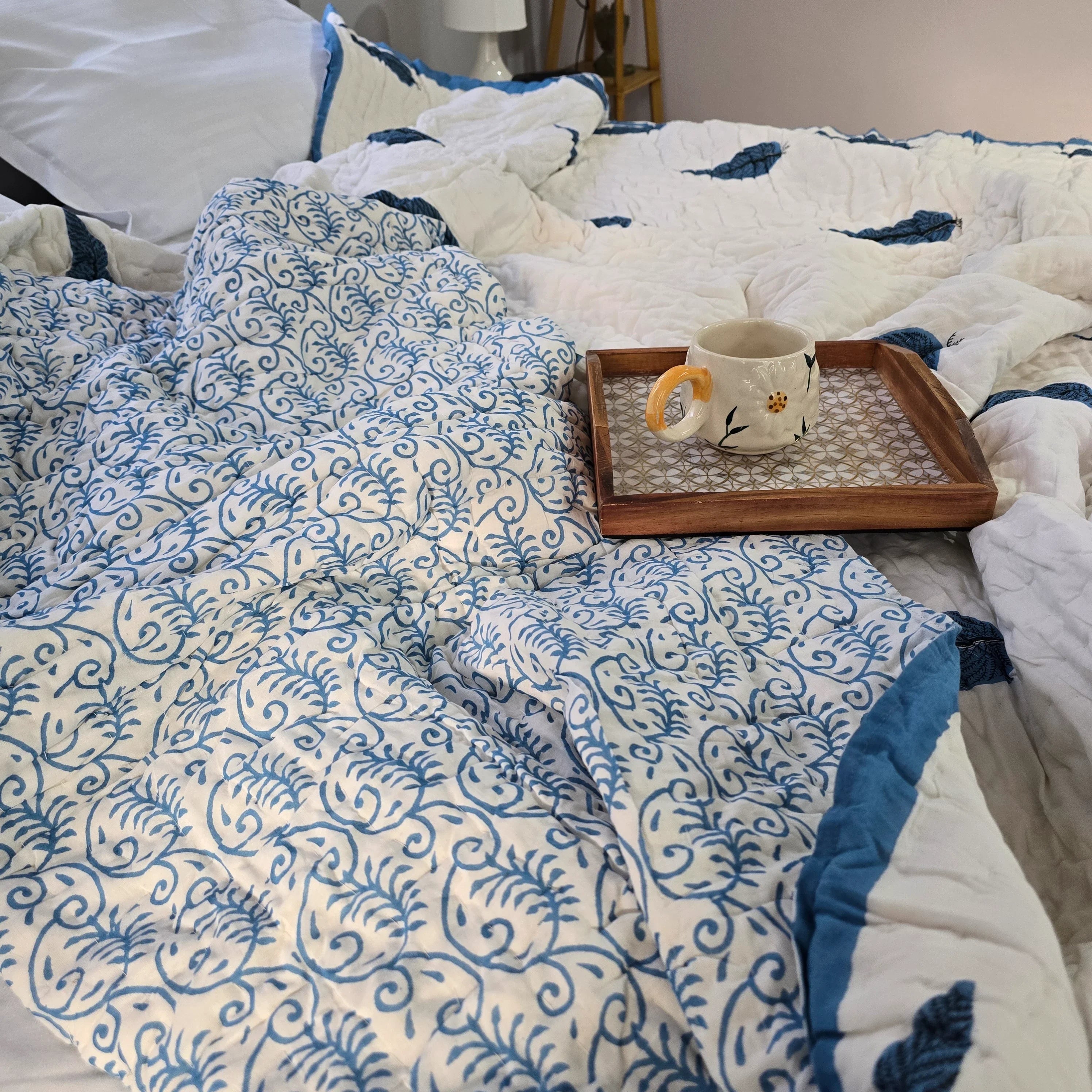 Hand Block Printed  Jaipuri Cotton All season AC Quilt - Neel Patta Motif (90X108 Inches)