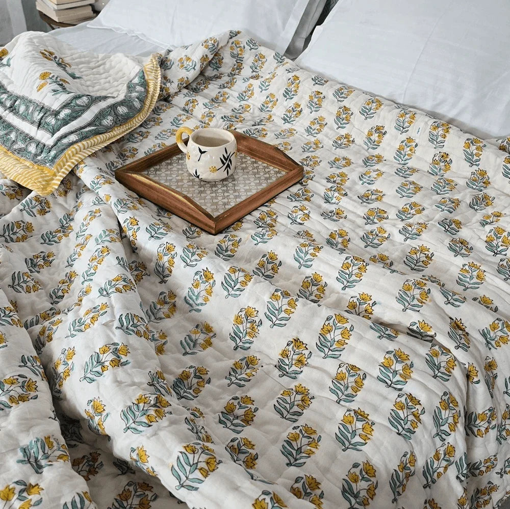 Hand Block Printed  Jaipuri Cotton All season AC Quilt - Yellow Floral Buta (90X108 Inches)
