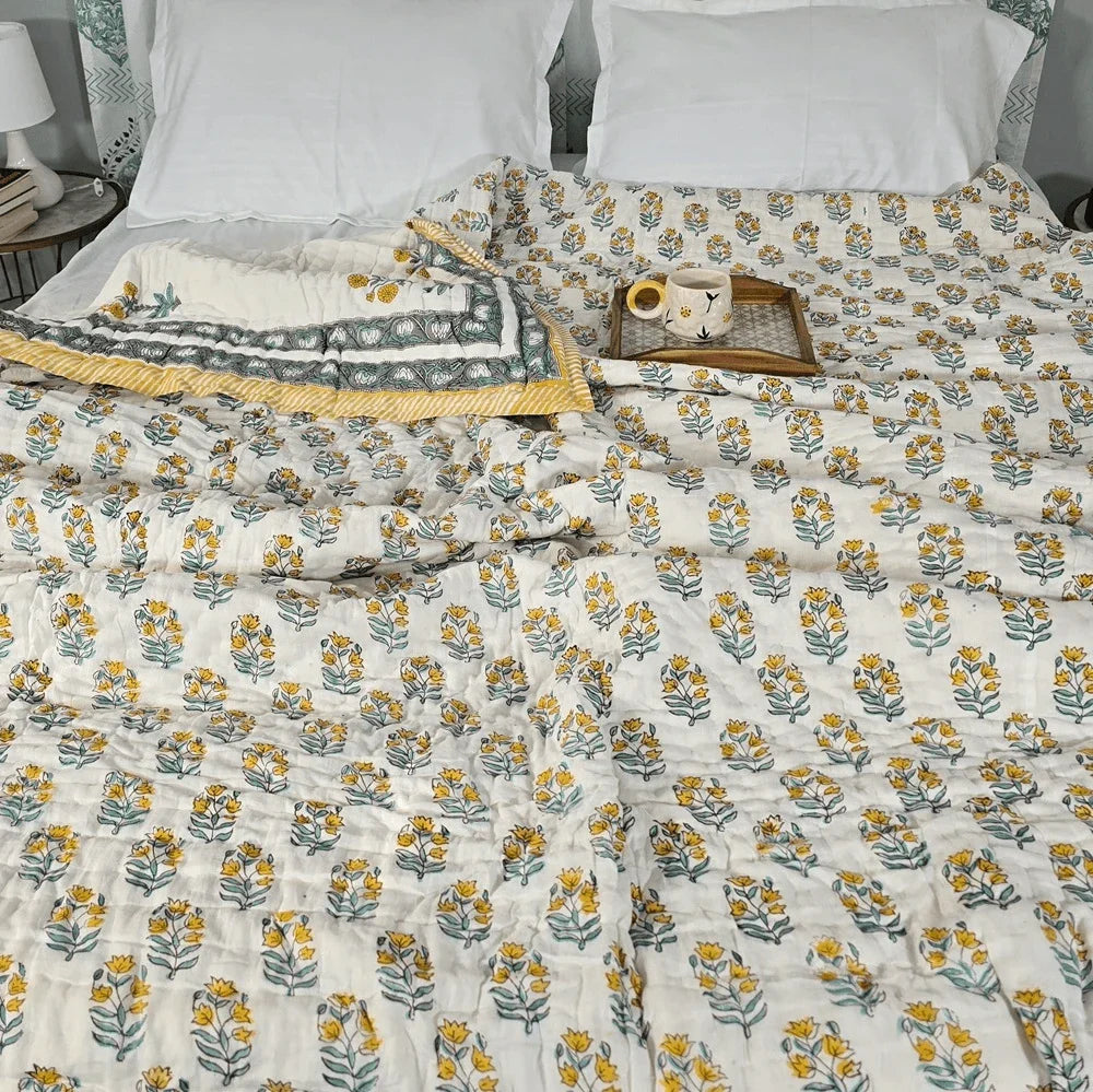Hand Block Printed  Jaipuri Cotton All season AC Quilt - Yellow Floral Buta (90X108 Inches)