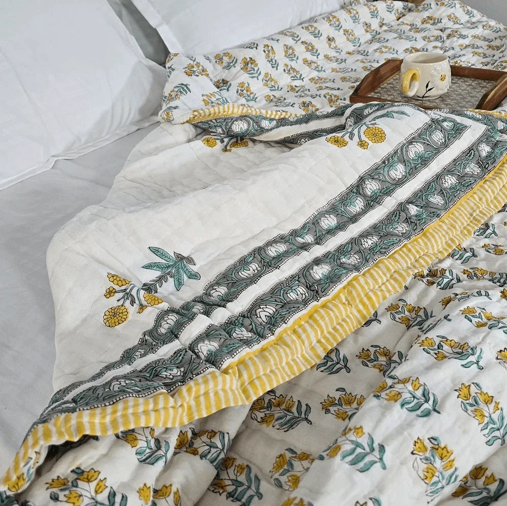 Hand Block Printed  Jaipuri Cotton All season AC Quilt - Yellow Floral Buta (90X108 Inches)
