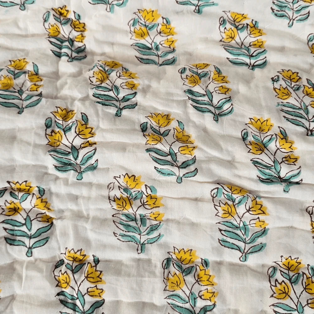 Hand Block Printed  Jaipuri Cotton All season AC Quilt - Yellow Floral Buta (90X108 Inches)