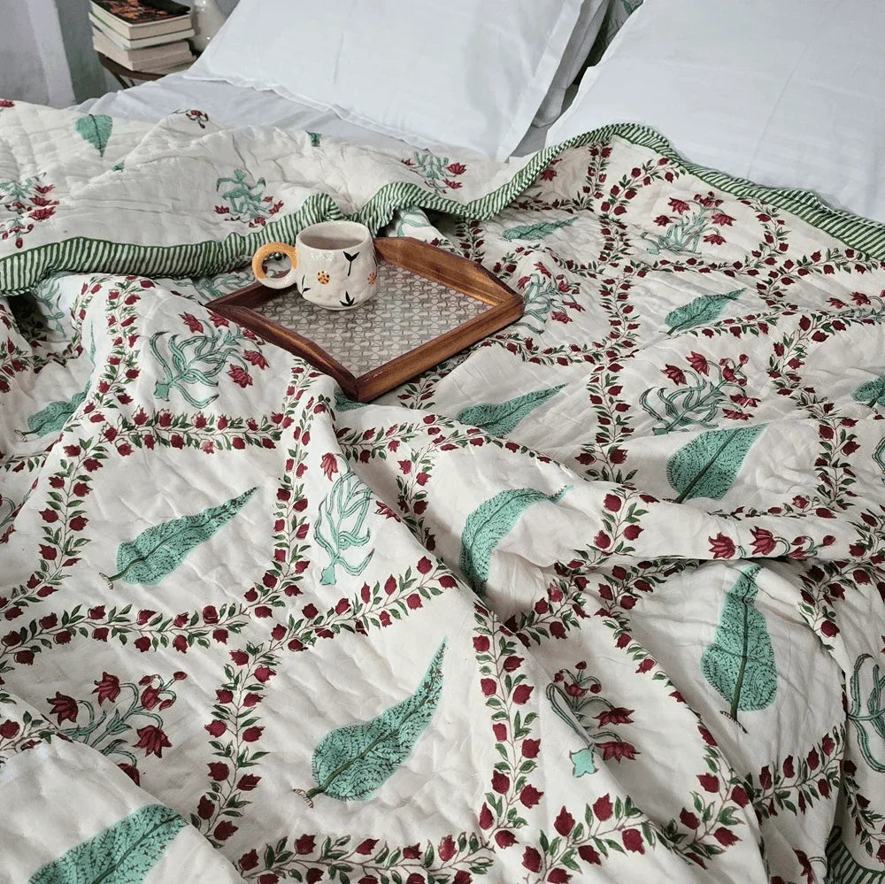 Hand Block Printed Jaipuri Cotton AC Quilt – Red & Green Floral Bel (90X108 Inches)