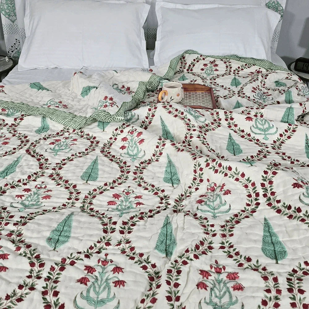 Hand Block Printed Jaipuri Cotton AC Quilt – Red & Green Floral Bel (90X108 Inches)