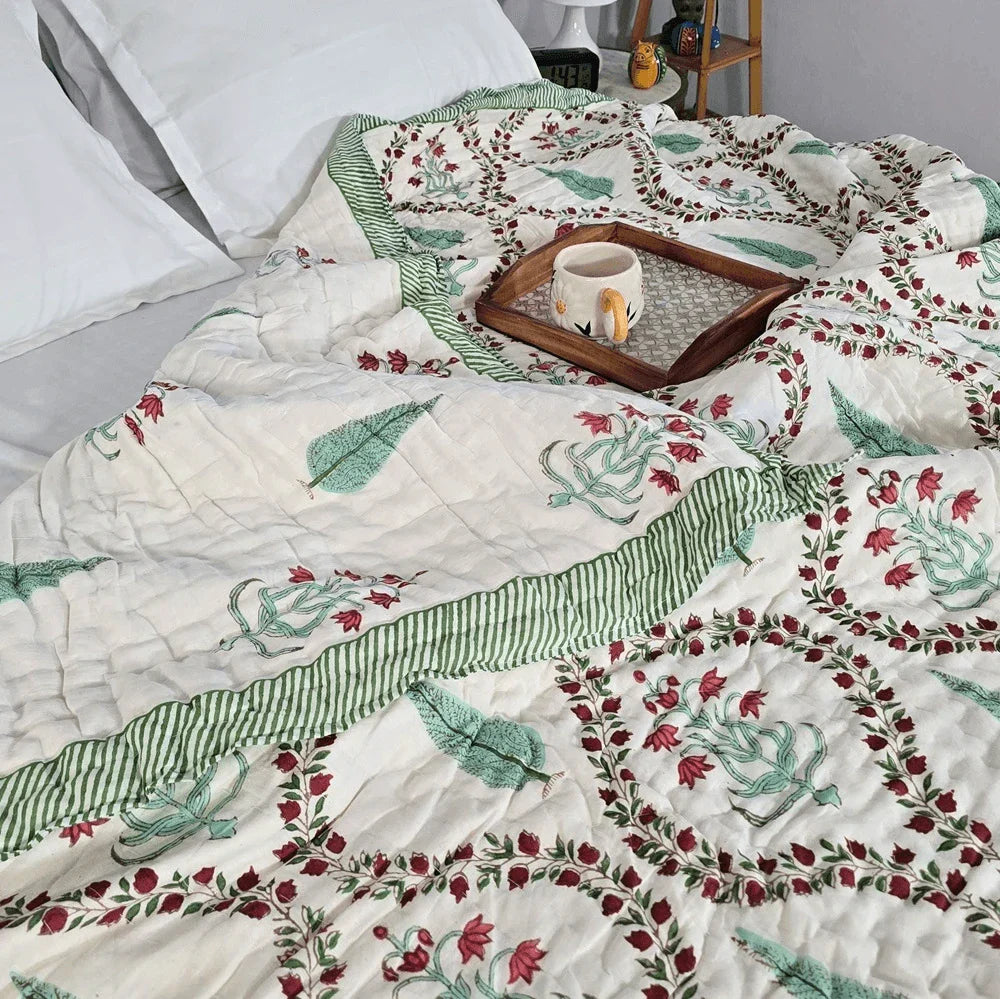 Hand Block Printed Jaipuri Cotton AC Quilt – Red & Green Floral Bel (90X108 Inches)