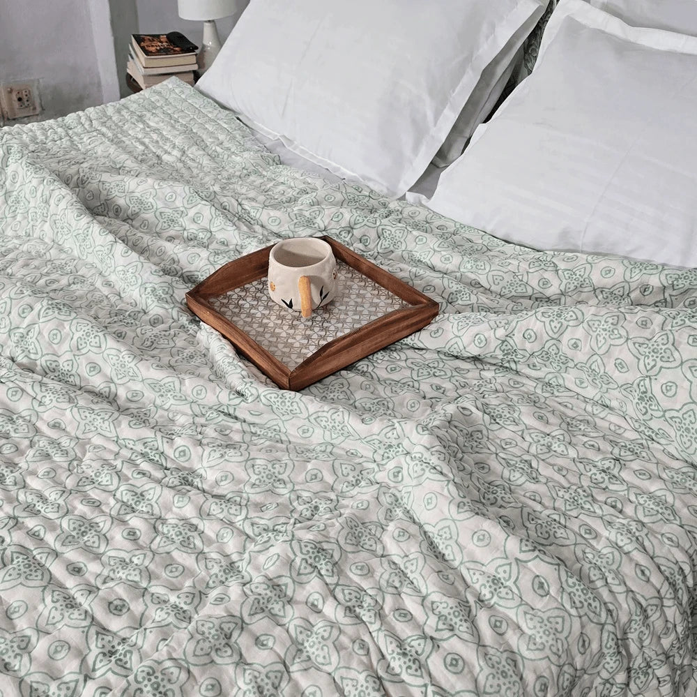 Hand Block Printed  Jaipuri Cotton All season AC Quilt - Green Floral Motif(90X108 Inches)