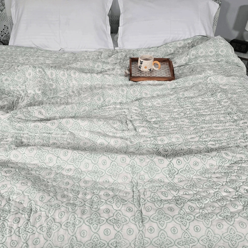 Hand Block Printed  Jaipuri Cotton All season AC Quilt - Green Floral Motif(90X108 Inches)