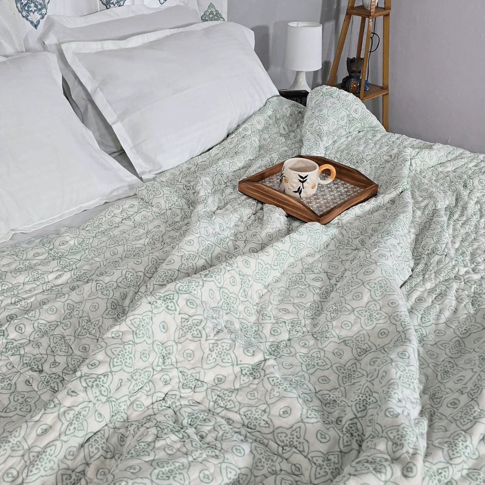 Hand Block Printed  Jaipuri Cotton All season AC Quilt - Green Floral Motif(90X108 Inches)