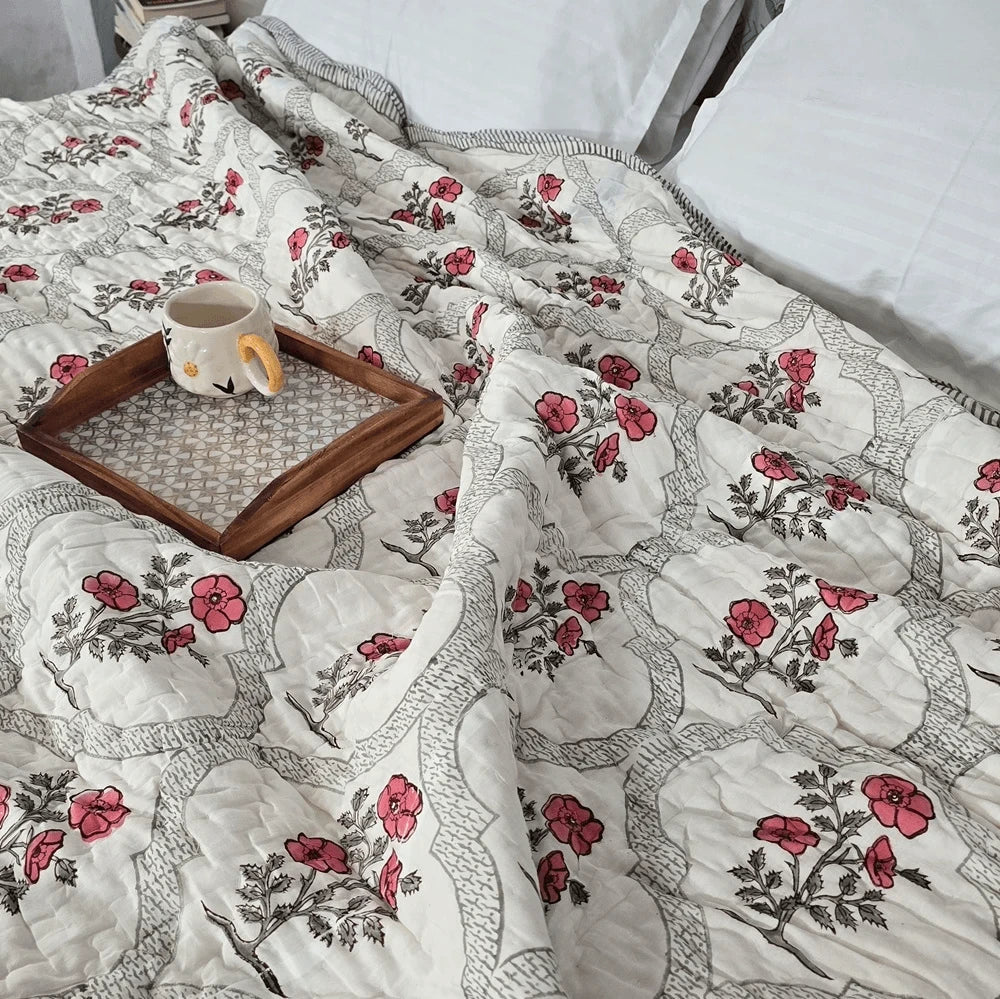Hand Block Printed  Jaipuri Cotton All season AC Quilt - Red bloom Jaal (90X108 Inches)