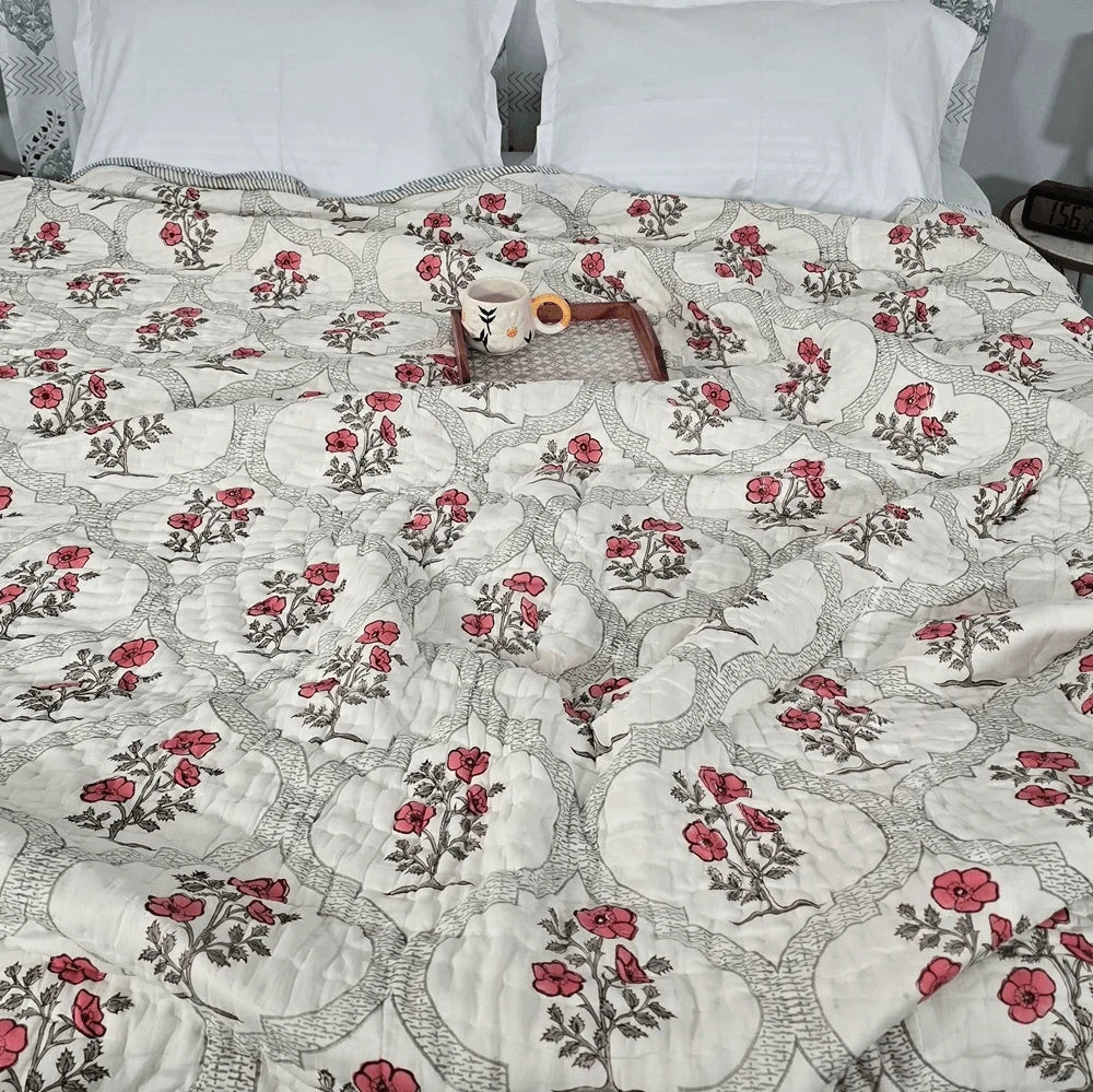 Hand Block Printed  Jaipuri Cotton All season AC Quilt - Red bloom Jaal (90X108 Inches)