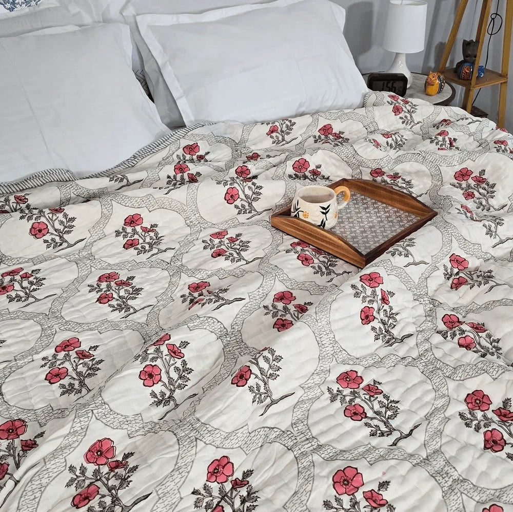 Hand Block Printed  Jaipuri Cotton All season AC Quilt - Red bloom Jaal (90X108 Inches)