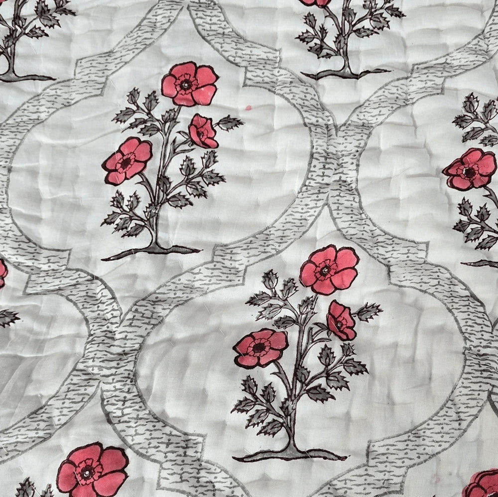 Hand Block Printed  Jaipuri Cotton All season AC Quilt - Red bloom Jaal (90X108 Inches)