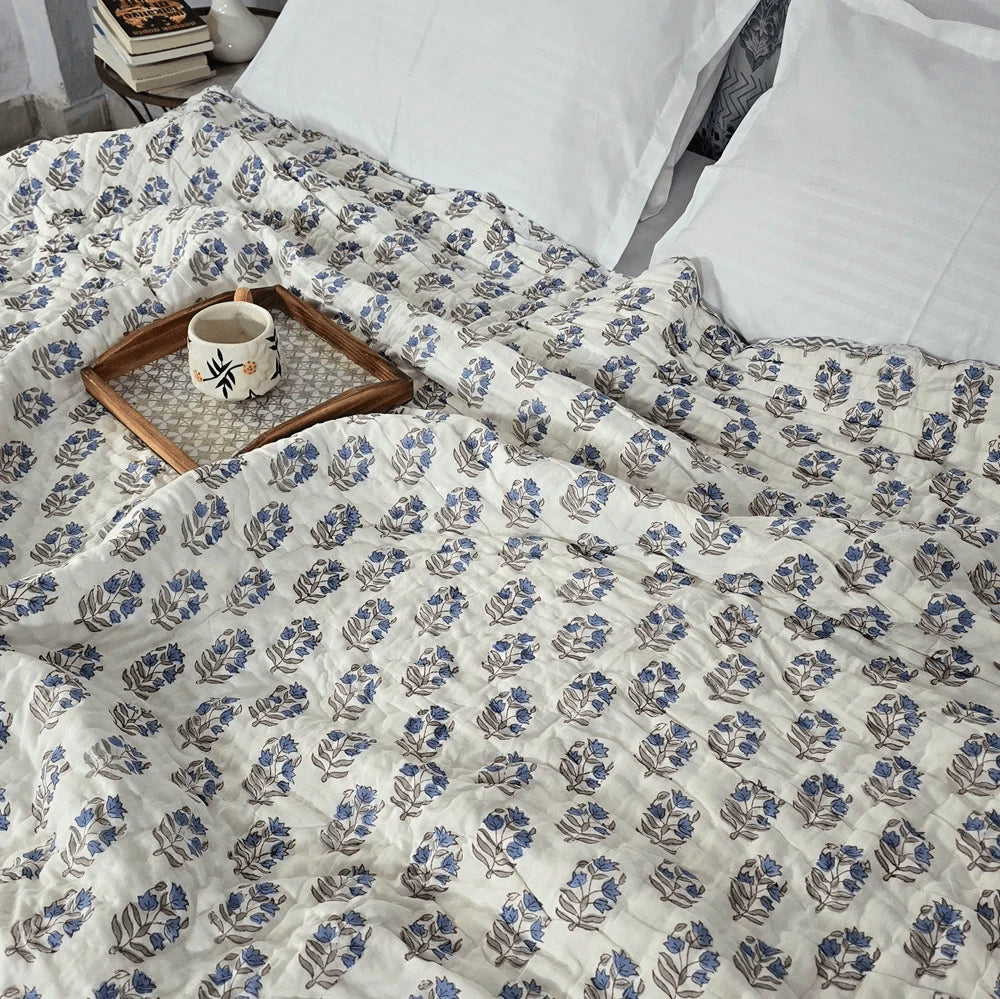 Hand Block Printed  Jaipuri Cotton All season AC Quilt - Blue Floral Buta (90X108 Inches)