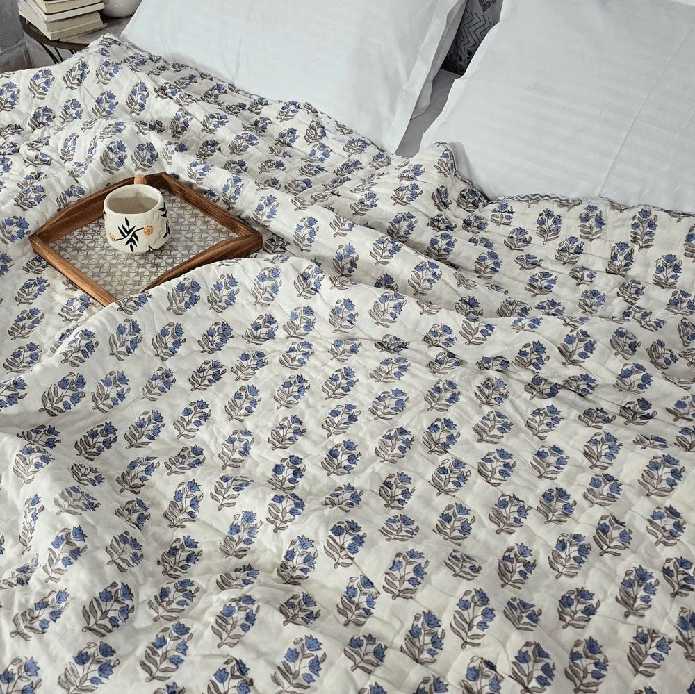 Hand Block Printed  Jaipuri Cotton All season AC Quilt - Blue Floral Buta (90X108 Inches)