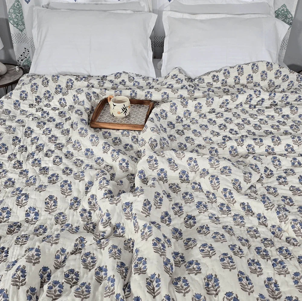 Hand Block Printed  Jaipuri Cotton All season AC Quilt - Blue Floral Buta (90X108 Inches)