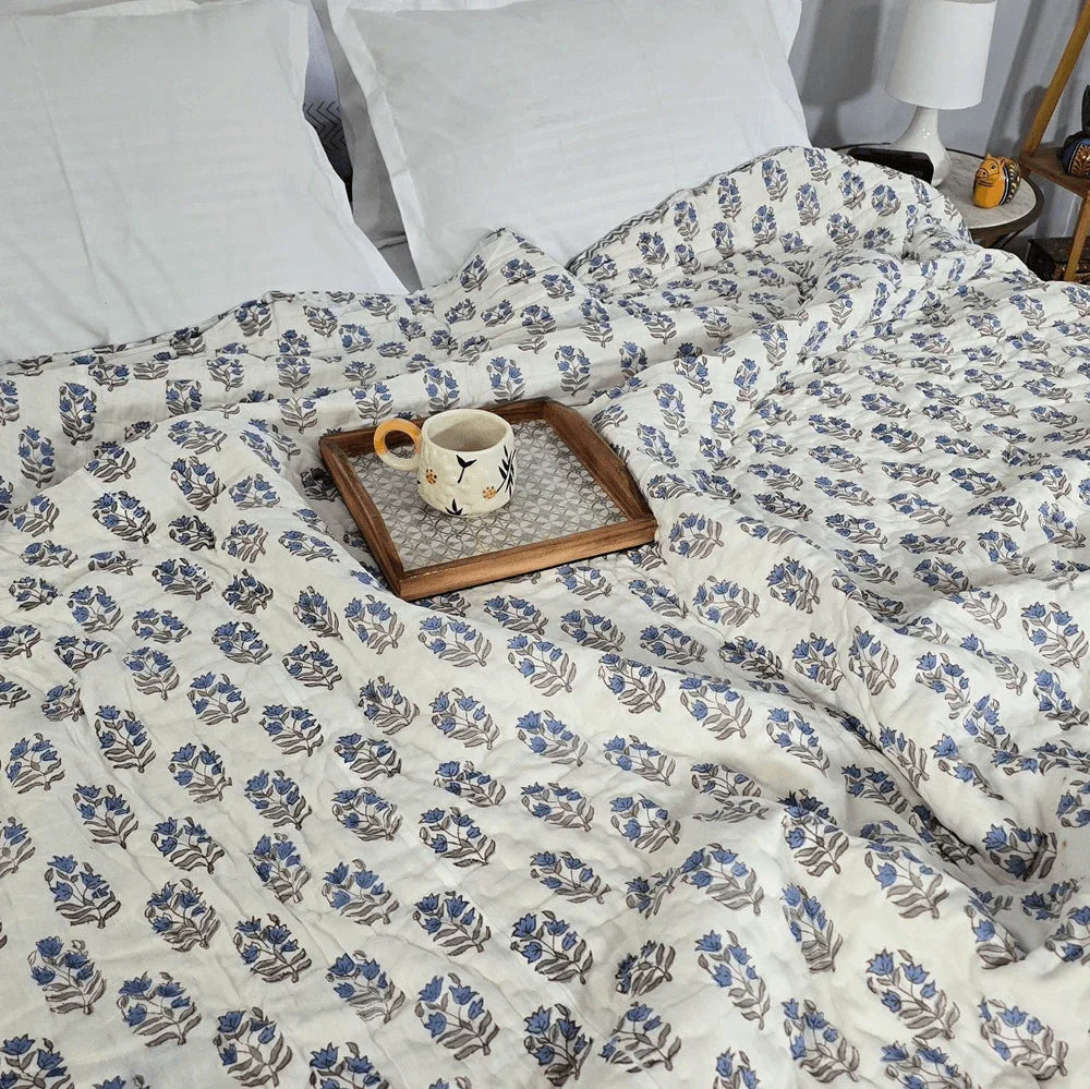 Hand Block Printed  Jaipuri Cotton All season AC Quilt - Blue Floral Buta (90X108 Inches)