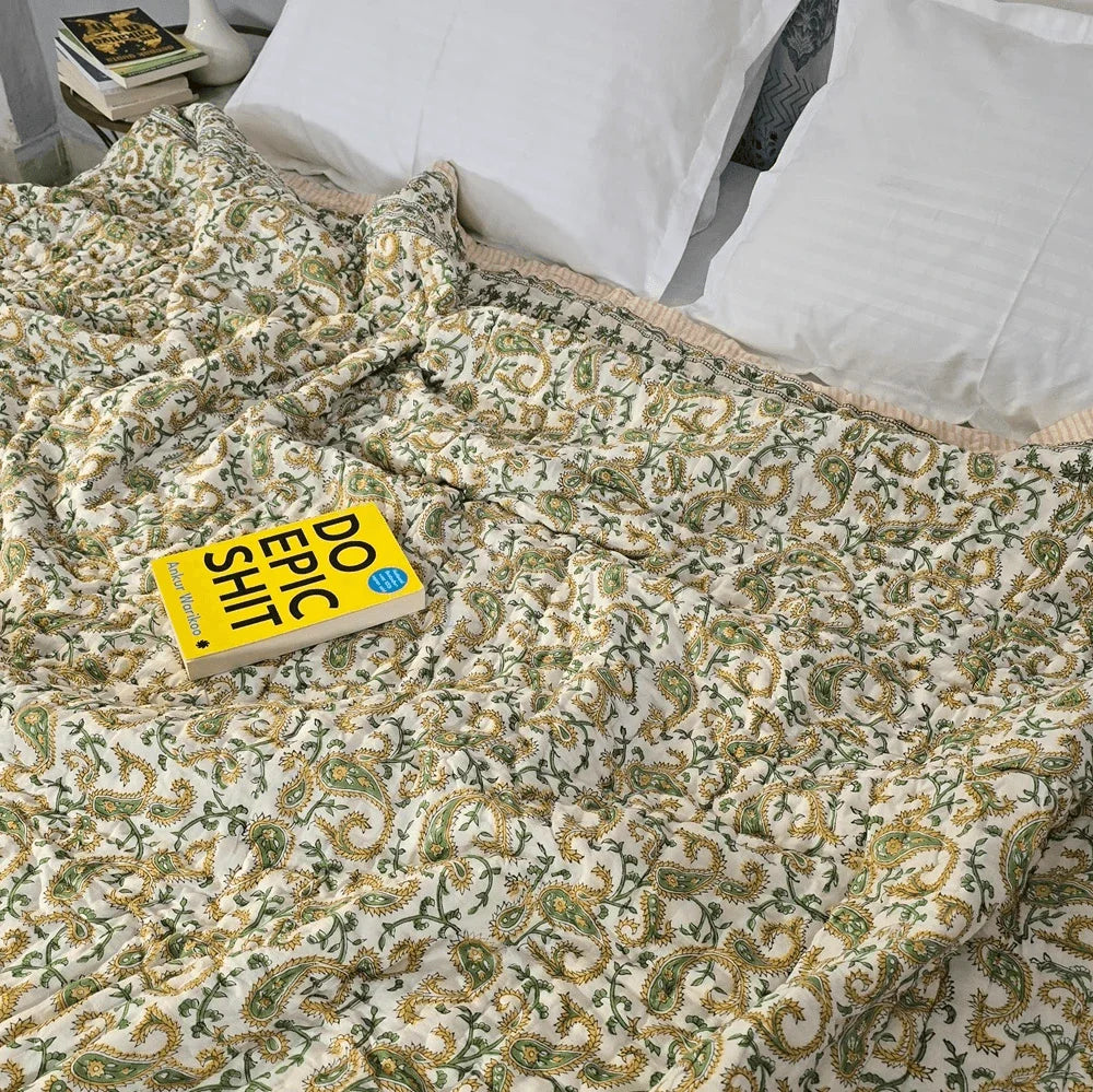 Hand Block Printed  Jaipuri Cotton All season AC Quilt - Yellow Floral Buta (90X108 Inches)