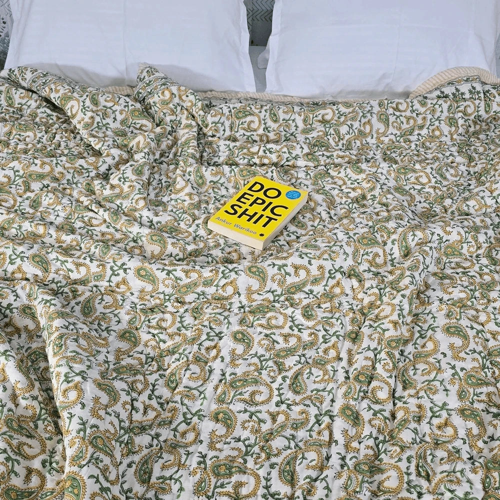 Hand Block Printed  Jaipuri Cotton All season AC Quilt - Yellow Floral Buta (90X108 Inches)