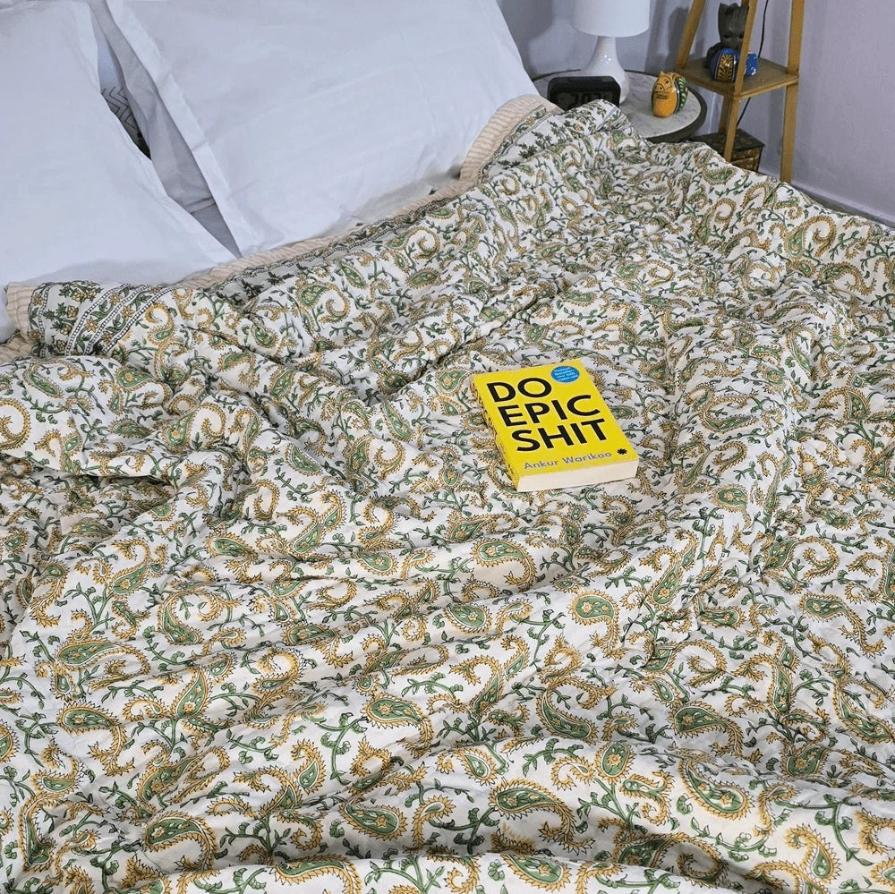 Hand Block Printed  Jaipuri Cotton All season AC Quilt - Yellow Floral Buta (90X108 Inches)