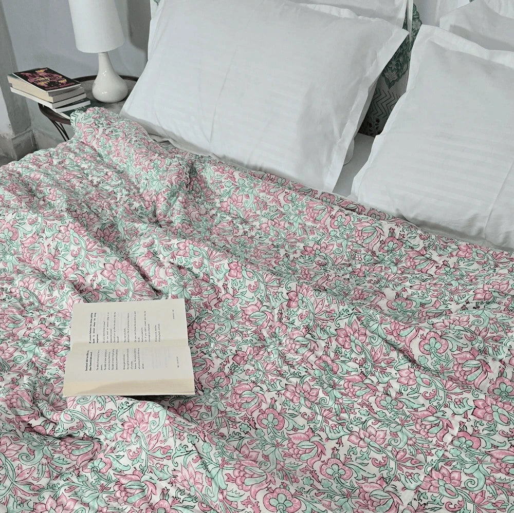 Hand Block Printed  Jaipuri Cotton All season AC Quilt - Phool Bagh(90X108 Inches)