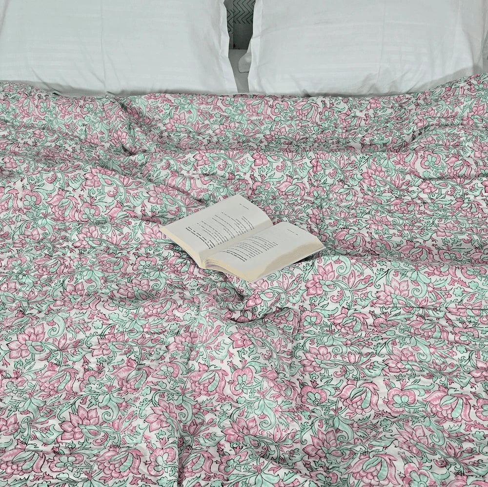 Hand Block Printed  Jaipuri Cotton All season AC Quilt - Phool Bagh(90X108 Inches)