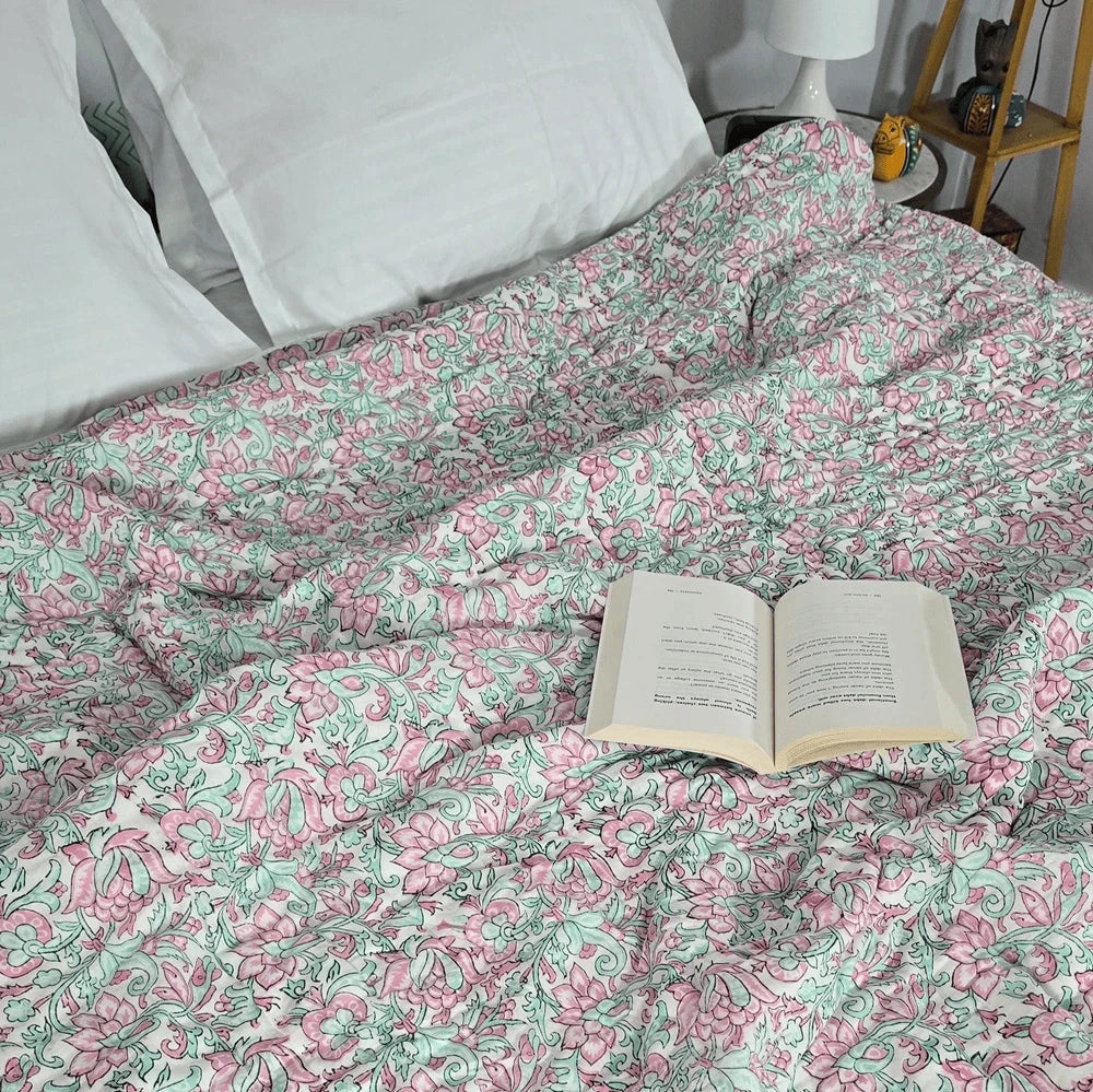 Hand Block Printed  Jaipuri Cotton All season AC Quilt - Phool Bagh(90X108 Inches)