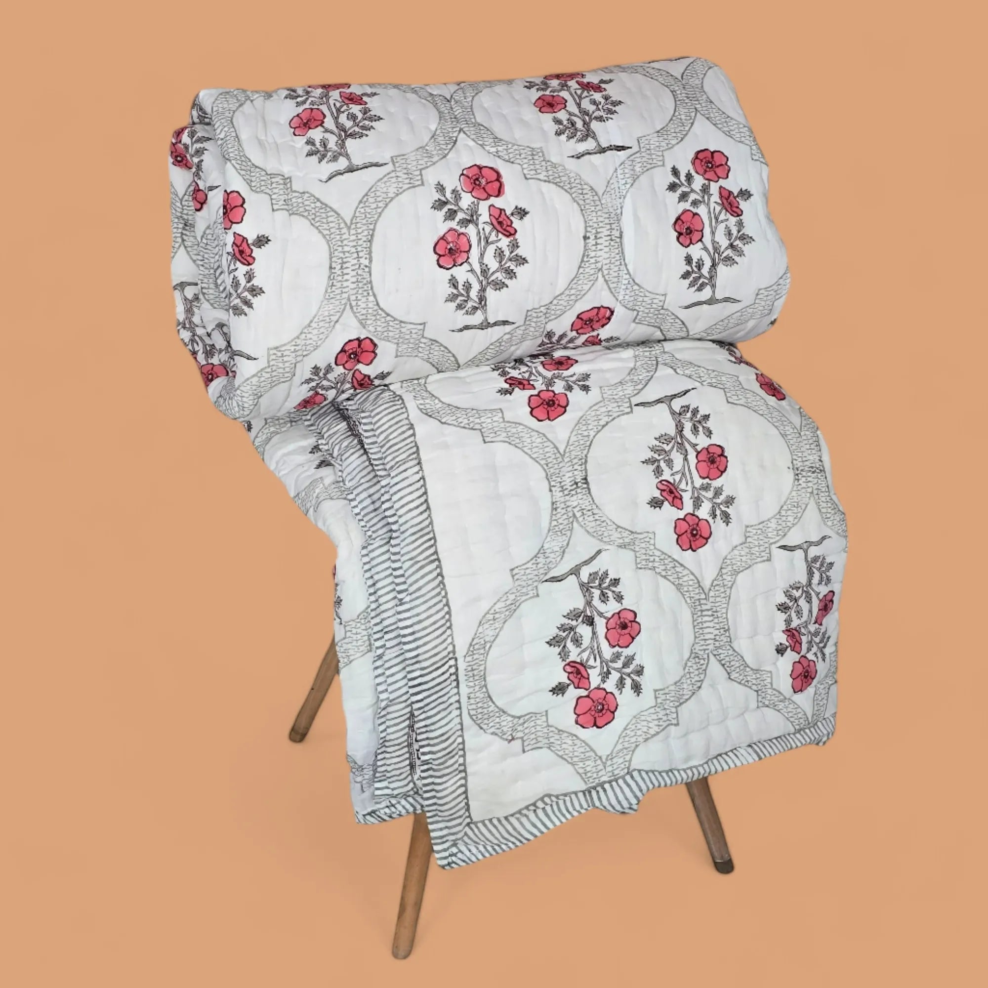 Hand Block Printed  Jaipuri Cotton All season AC Quilt - Red bloom Jaal (90X108 Inches)