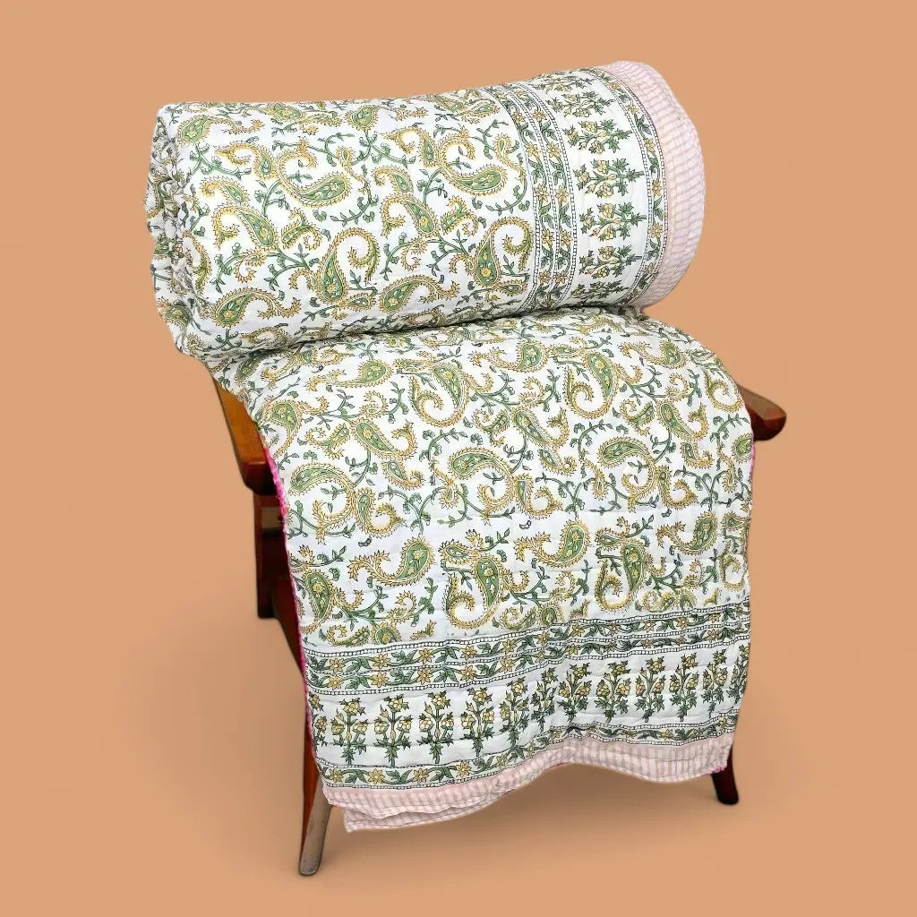 Hand Block Printed  Jaipuri Cotton All season AC Quilt - Yellow Floral Buta (90X108 Inches)