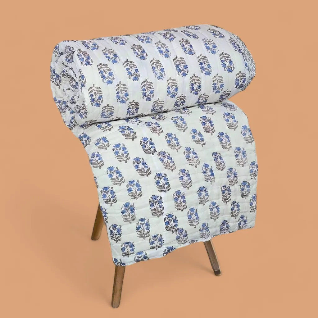 Hand Block Printed  Jaipuri Cotton All season AC Quilt - Blue Floral Buta (90X108 Inches)