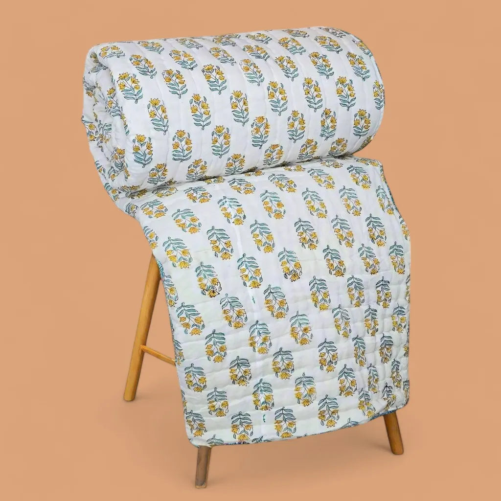 Hand Block Printed  Jaipuri Cotton All season AC Quilt - Yellow Floral Buta (90X108 Inches)
