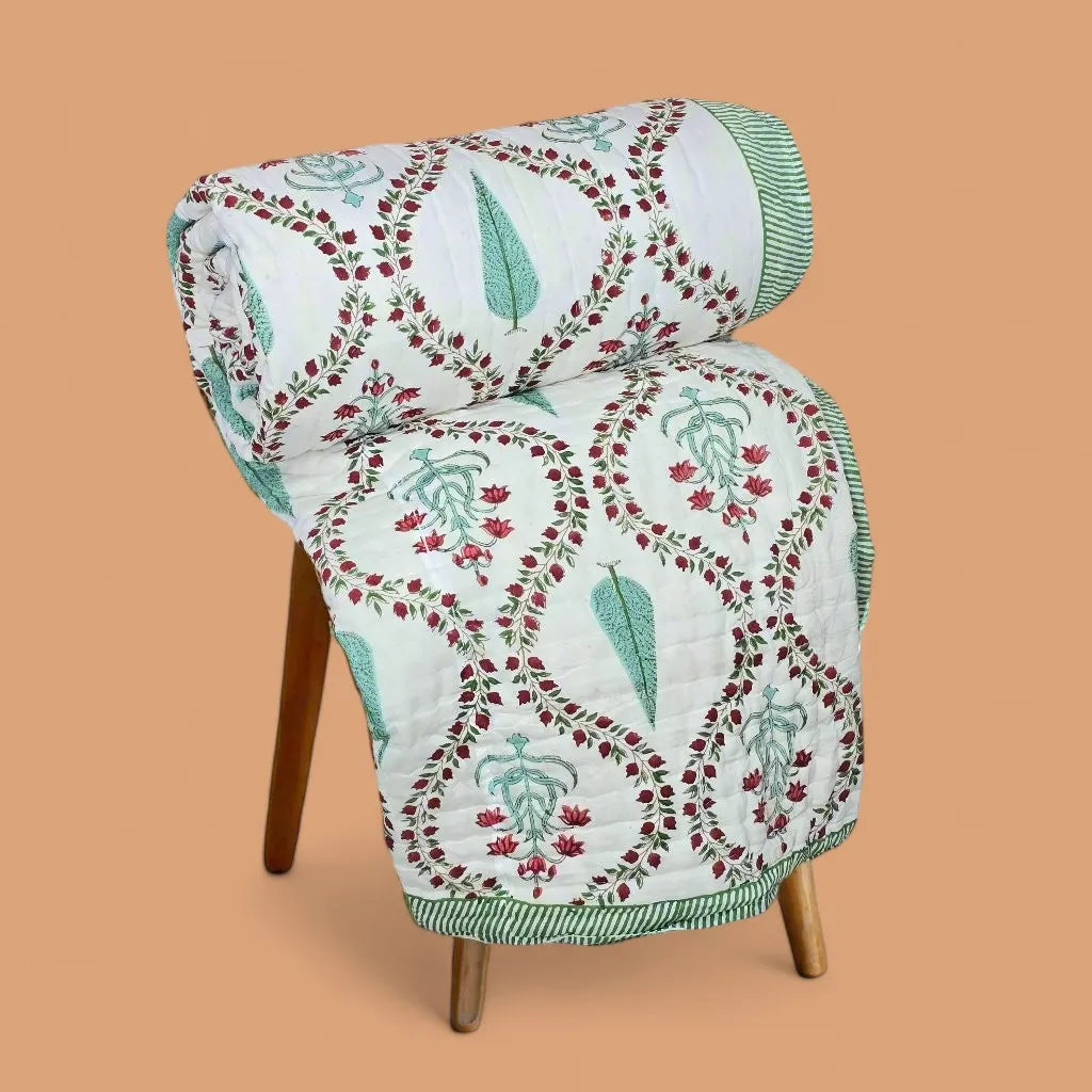 Hand Block Printed Jaipuri Cotton AC Quilt – Red & Green Floral Bel (90X108 Inches)