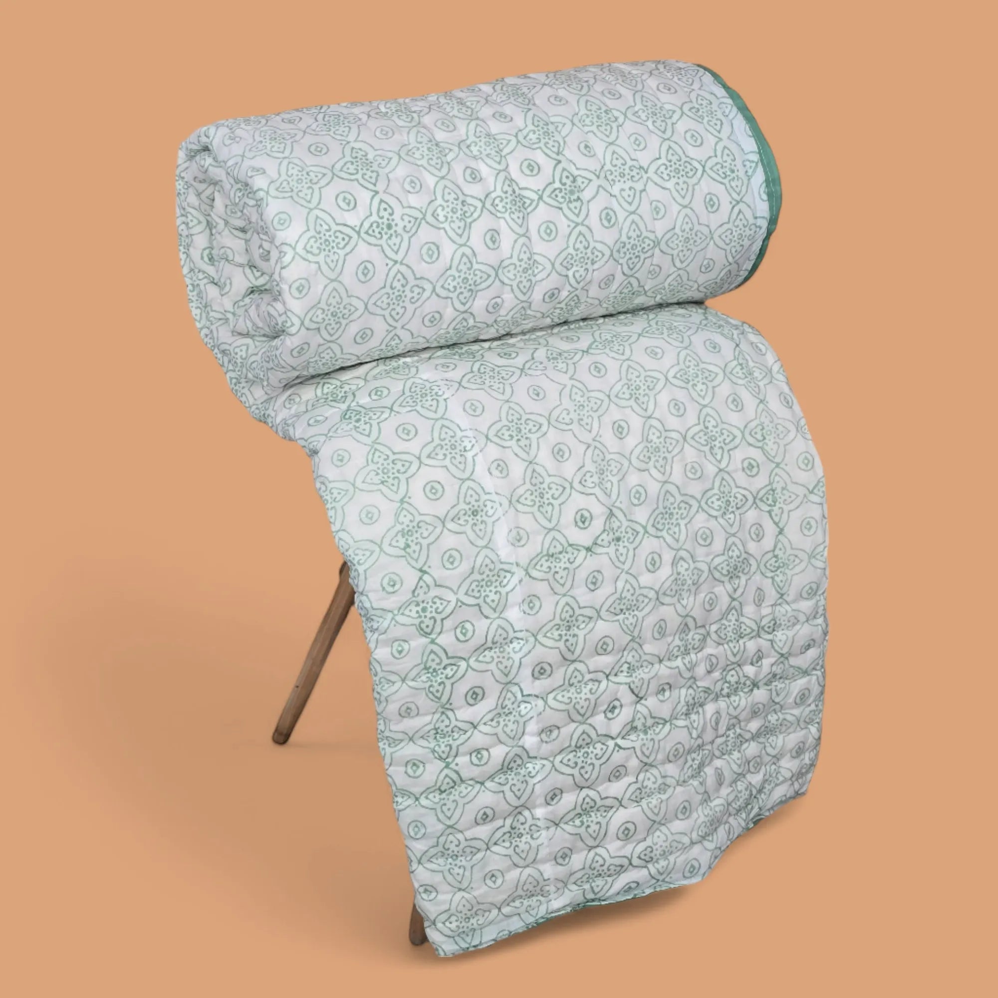 Hand Block Printed  Jaipuri Cotton All season AC Quilt - Green Floral Motif(90X108 Inches)