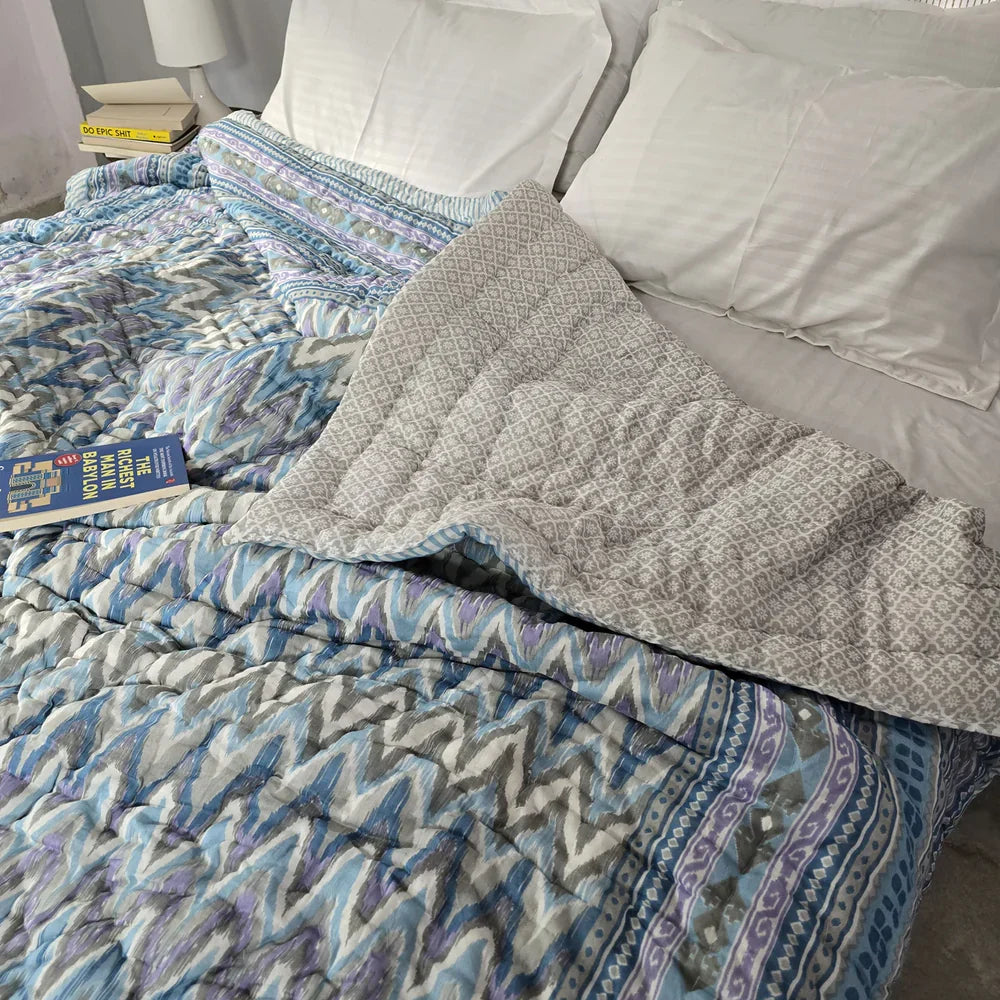 Hand Block Printed Jaipuri Cotton All season AC Quilt – Blue & Purple Geo Stripes (90X108 Inches)
