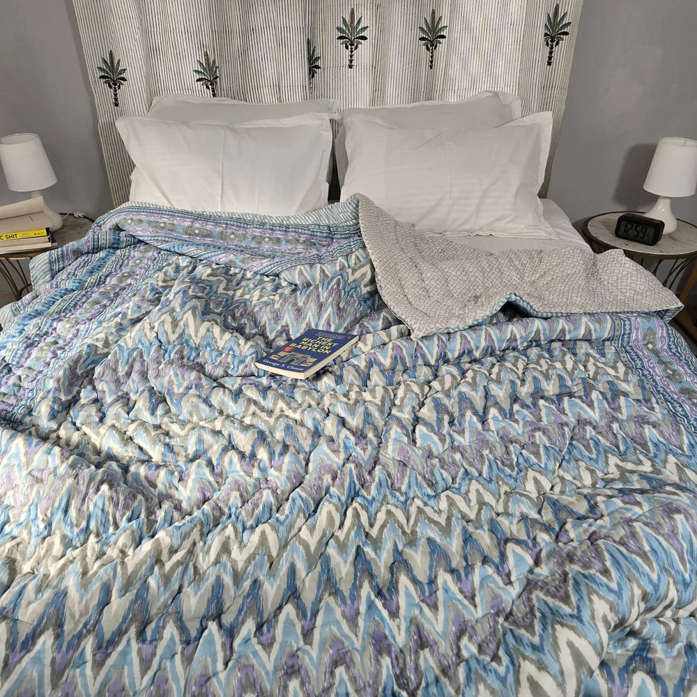 Hand Block Printed Jaipuri Cotton All season AC Quilt – Blue & Purple Geo Stripes (90X108 Inches)