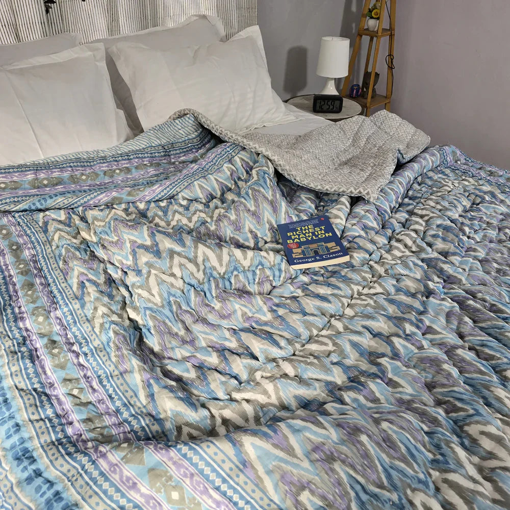 Hand Block Printed Jaipuri Cotton All season AC Quilt – Blue & Purple Geo Stripes (90X108 Inches)