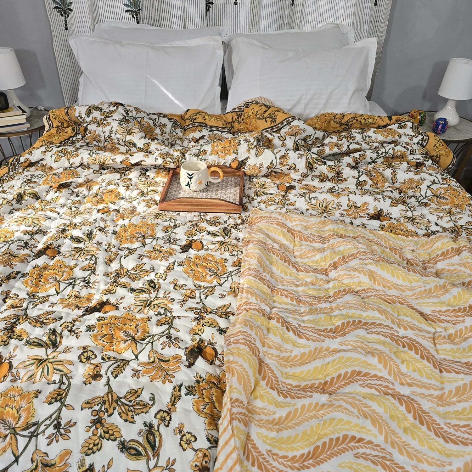 Hand Block Printed Jaipuri Cotton All season AC Quilt - Sunehri Gulzar (90X108 Inches)