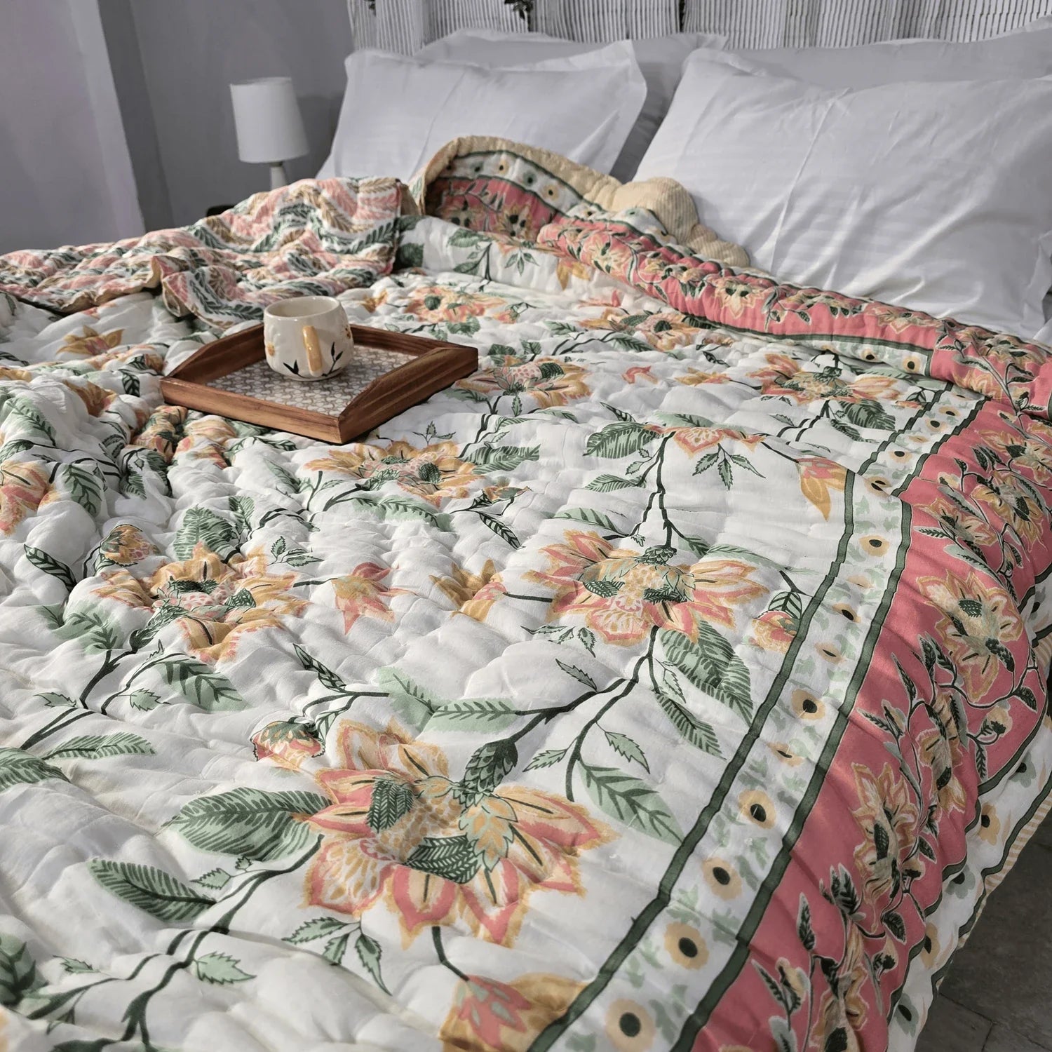 Hand Block Printed Jaipuri Cotton All season AC Quilt - Pink Floral Design(90X108 Inches)