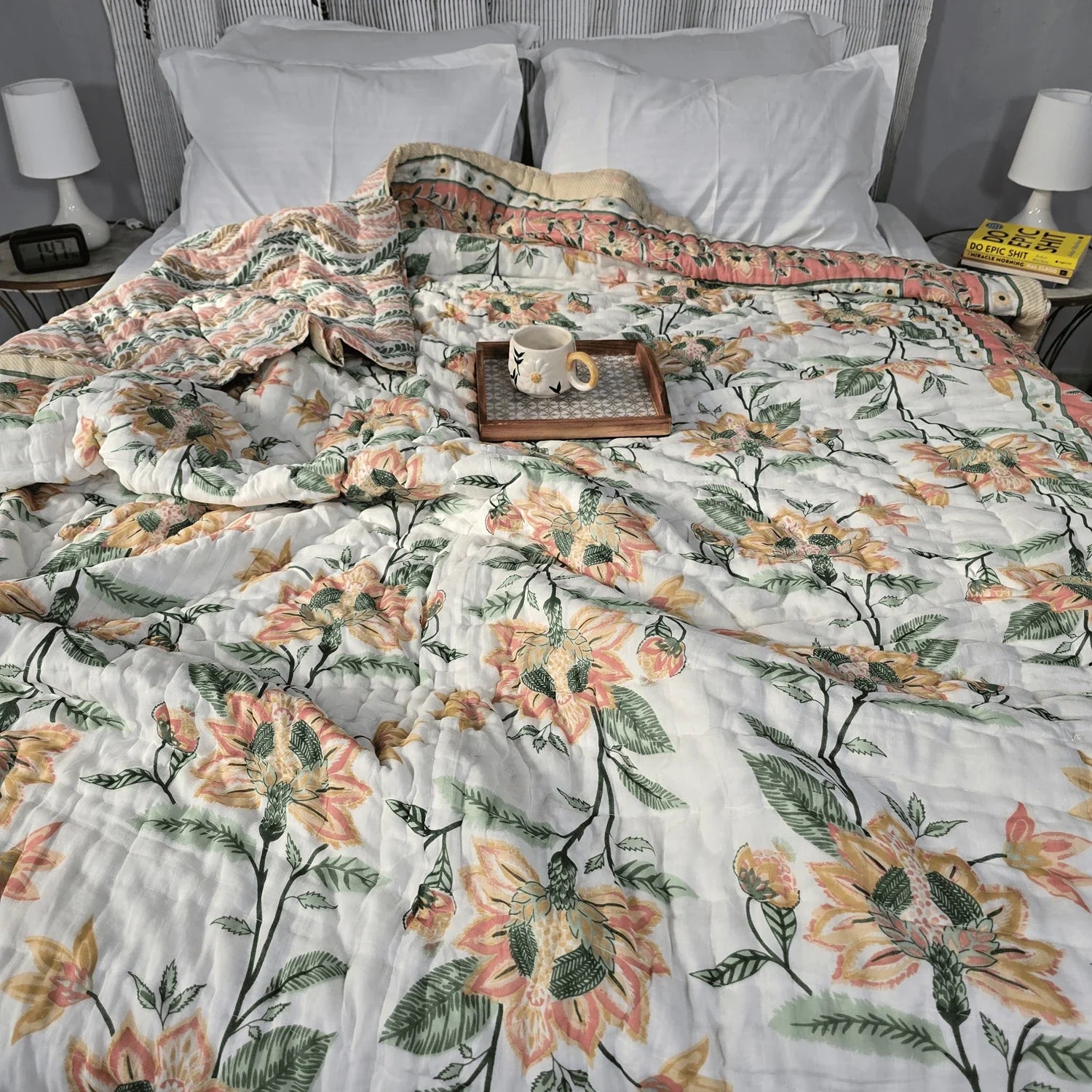 Hand Block Printed Jaipuri Cotton All season AC Quilt - Pink Floral Design(90X108 Inches)