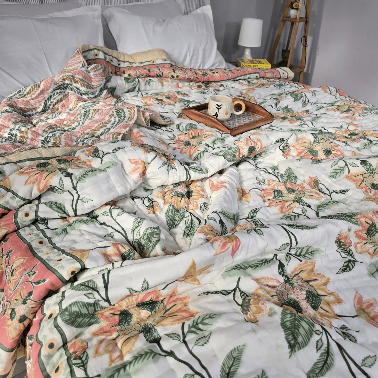 Hand Block Printed Jaipuri Cotton All season AC Quilt - Pink Floral Design(90X108 Inches)