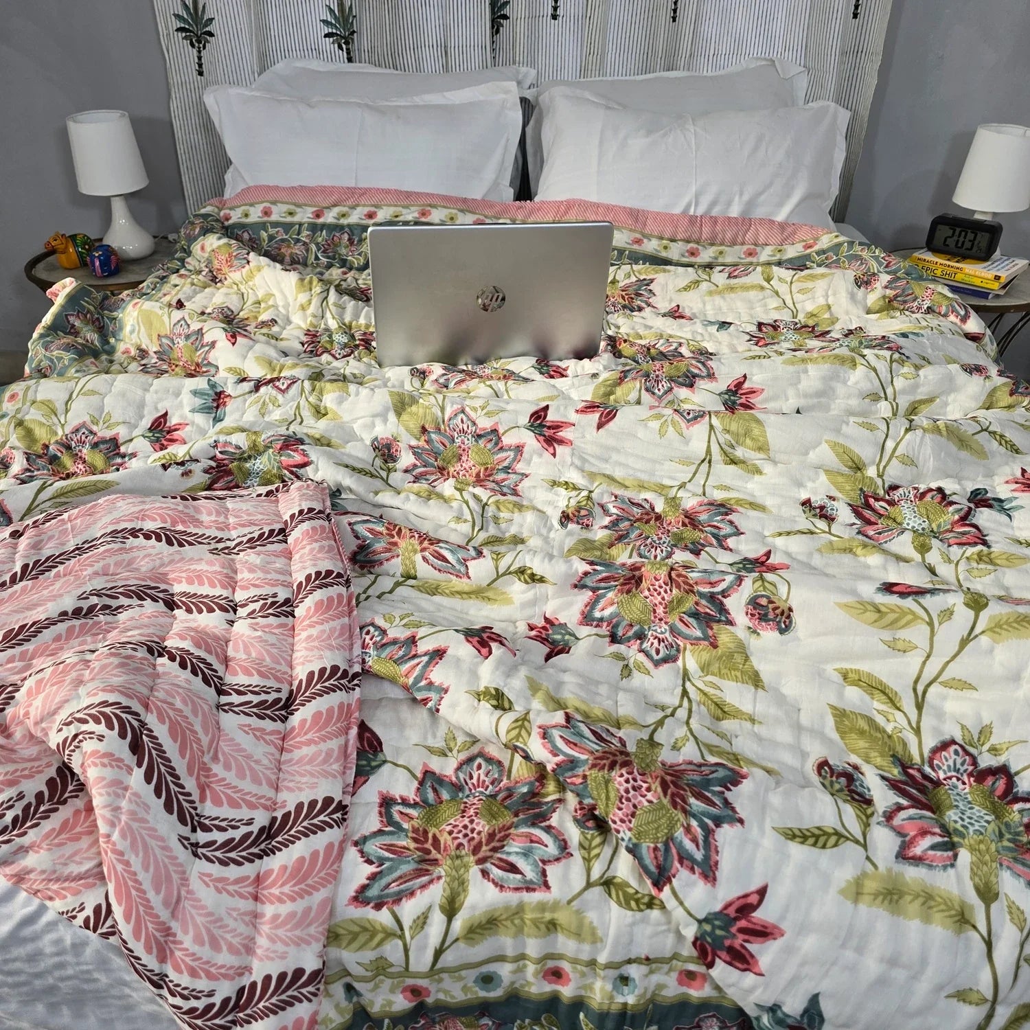 Hand Block Printed Jaipuri Cotton All season AC Quilt – Green & Red Floral (90X108 Inches)