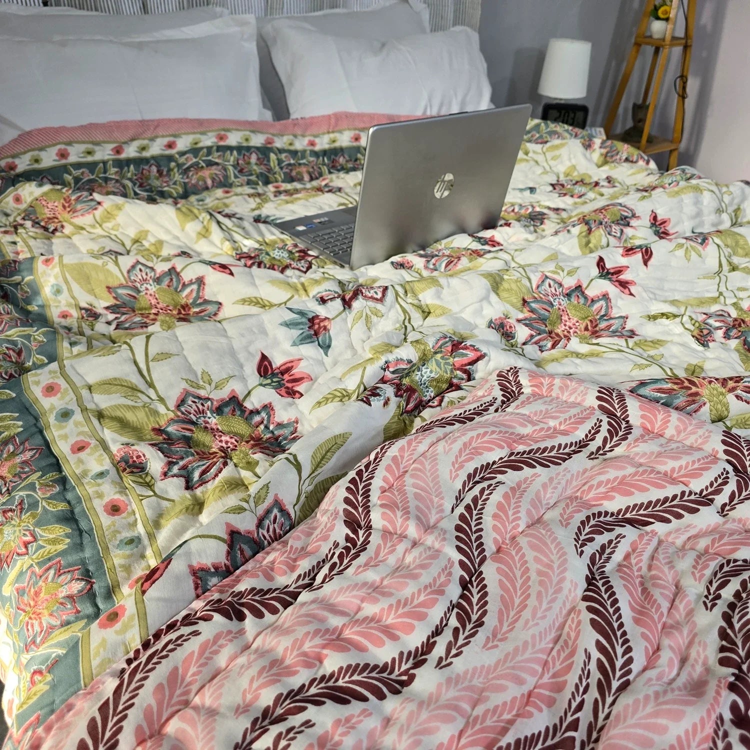 Hand Block Printed Jaipuri Cotton All season AC Quilt – Green & Red Floral (90X108 Inches)