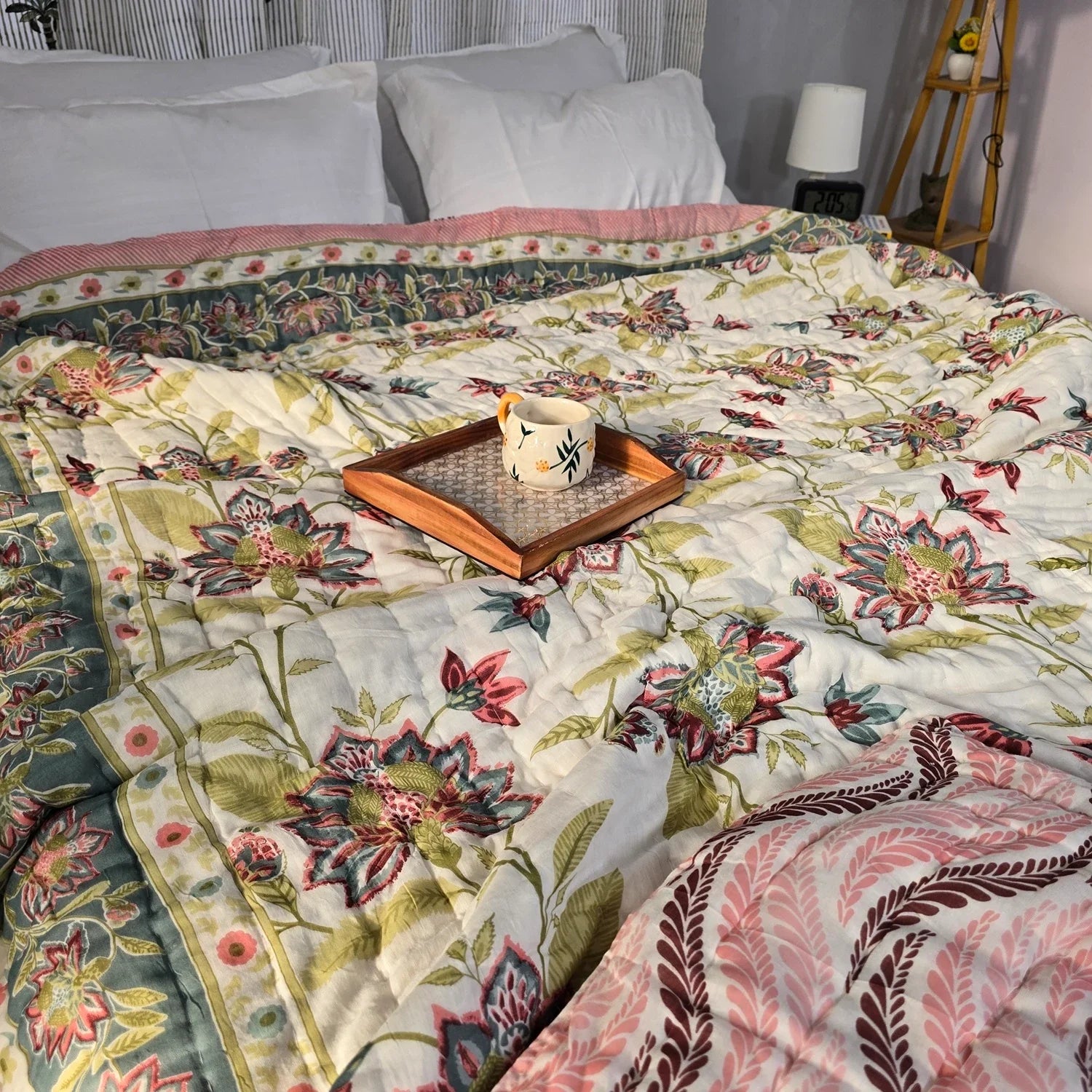 Hand Block Printed Jaipuri Cotton All season AC Quilt – Green & Red Floral (90X108 Inches)