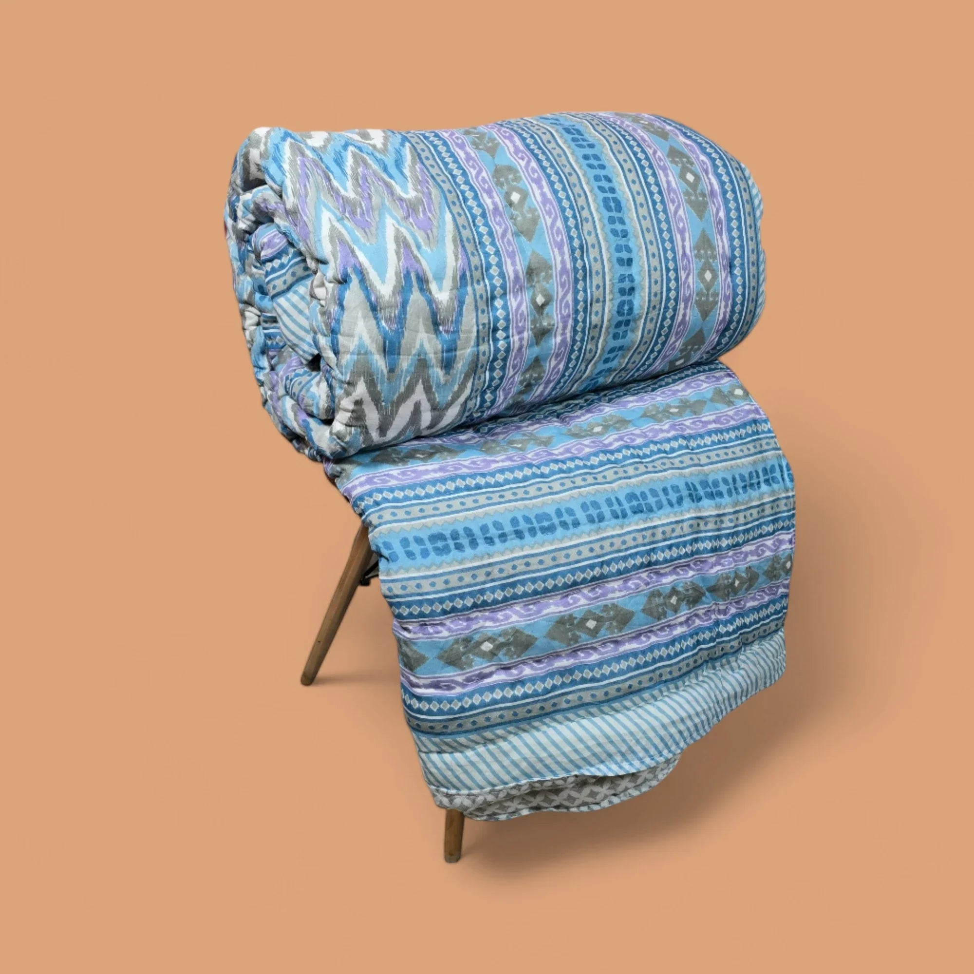 Hand Block Printed Jaipuri Cotton All season AC Quilt – Blue & Purple Geo Stripes (90X108 Inches)