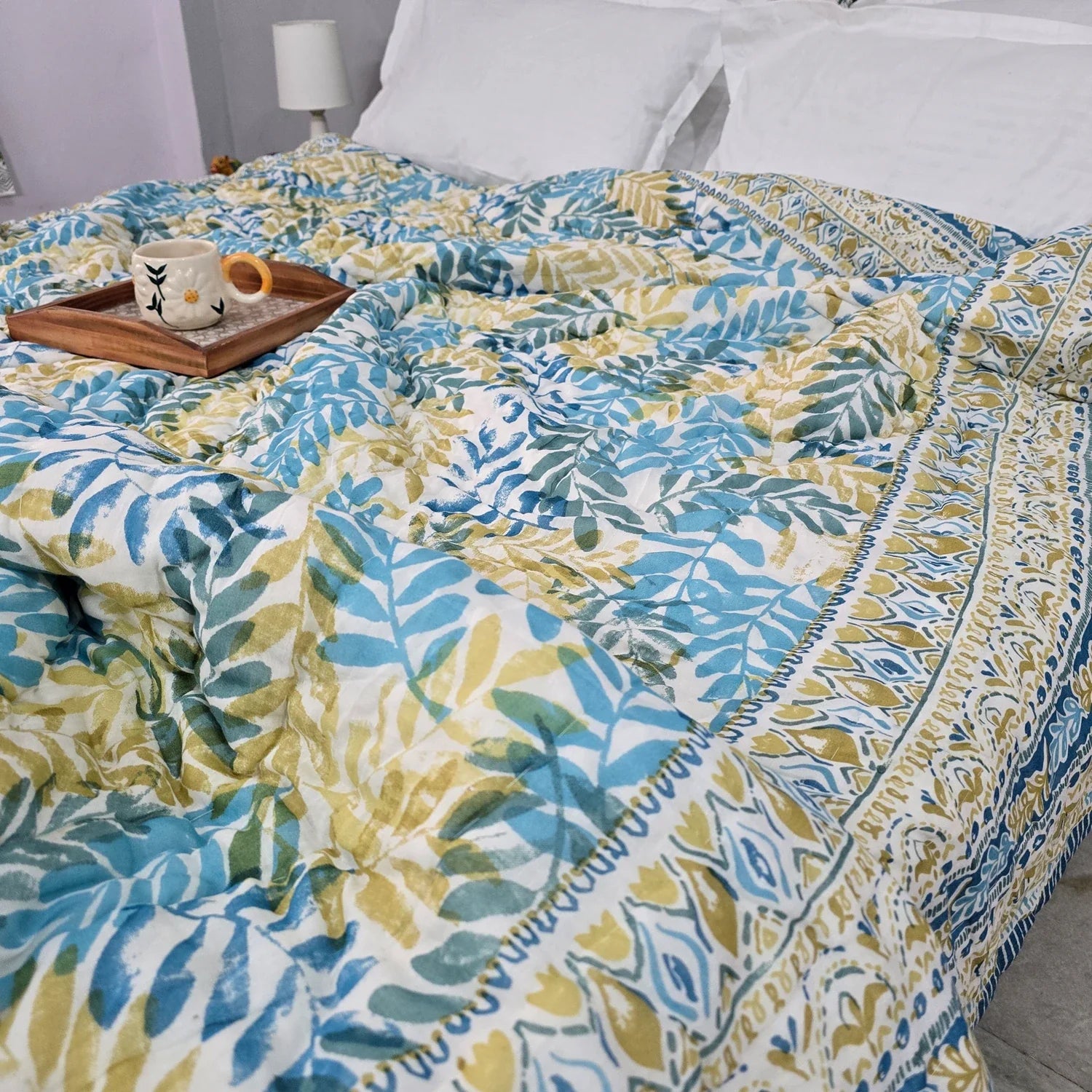 Hand Block Printed Jaipuri Cotton All season AC Quilt – Blue & Yellow Leaf (90X108 Inches)