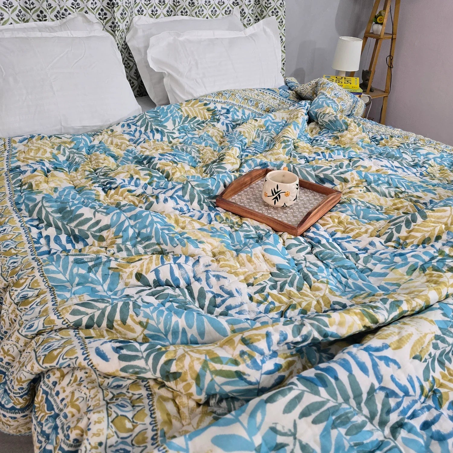 Hand Block Printed Jaipuri Cotton All season AC Quilt – Blue & Yellow Leaf (90X108 Inches)