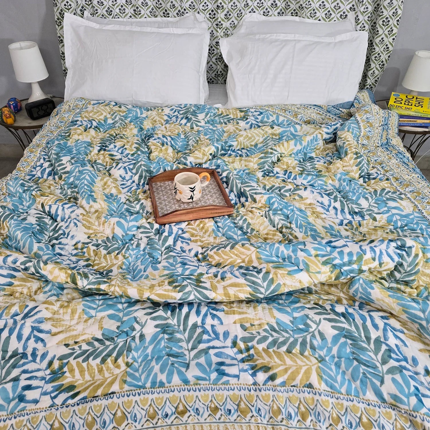 Hand Block Printed Jaipuri Cotton All season AC Quilt – Blue & Yellow Leaf (90X108 Inches)