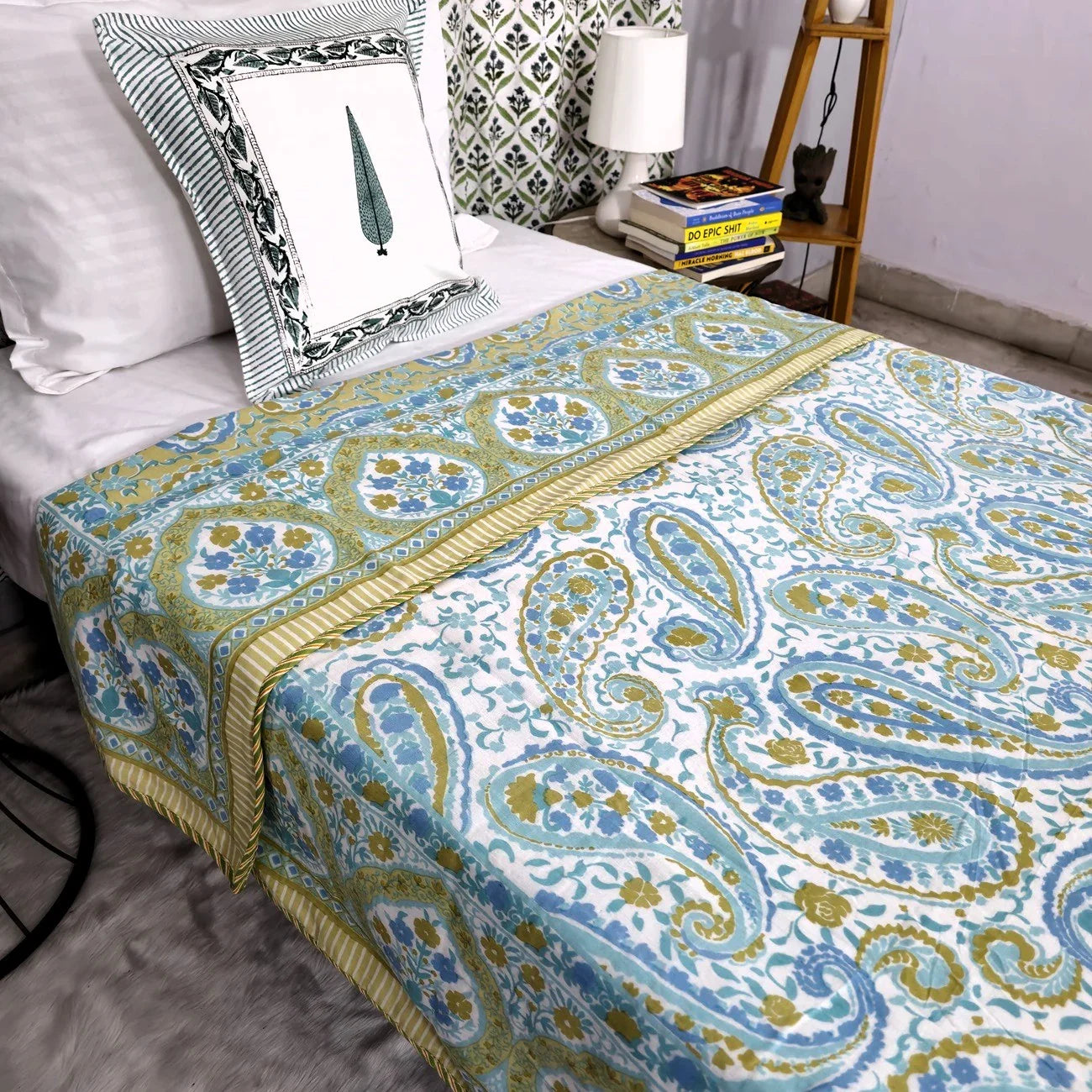 All Season Jaipuri AC Blanket | 100% Cotton | Block Print | Single Bed  –  Mughal Jaal Yellow (63X90 Inches)